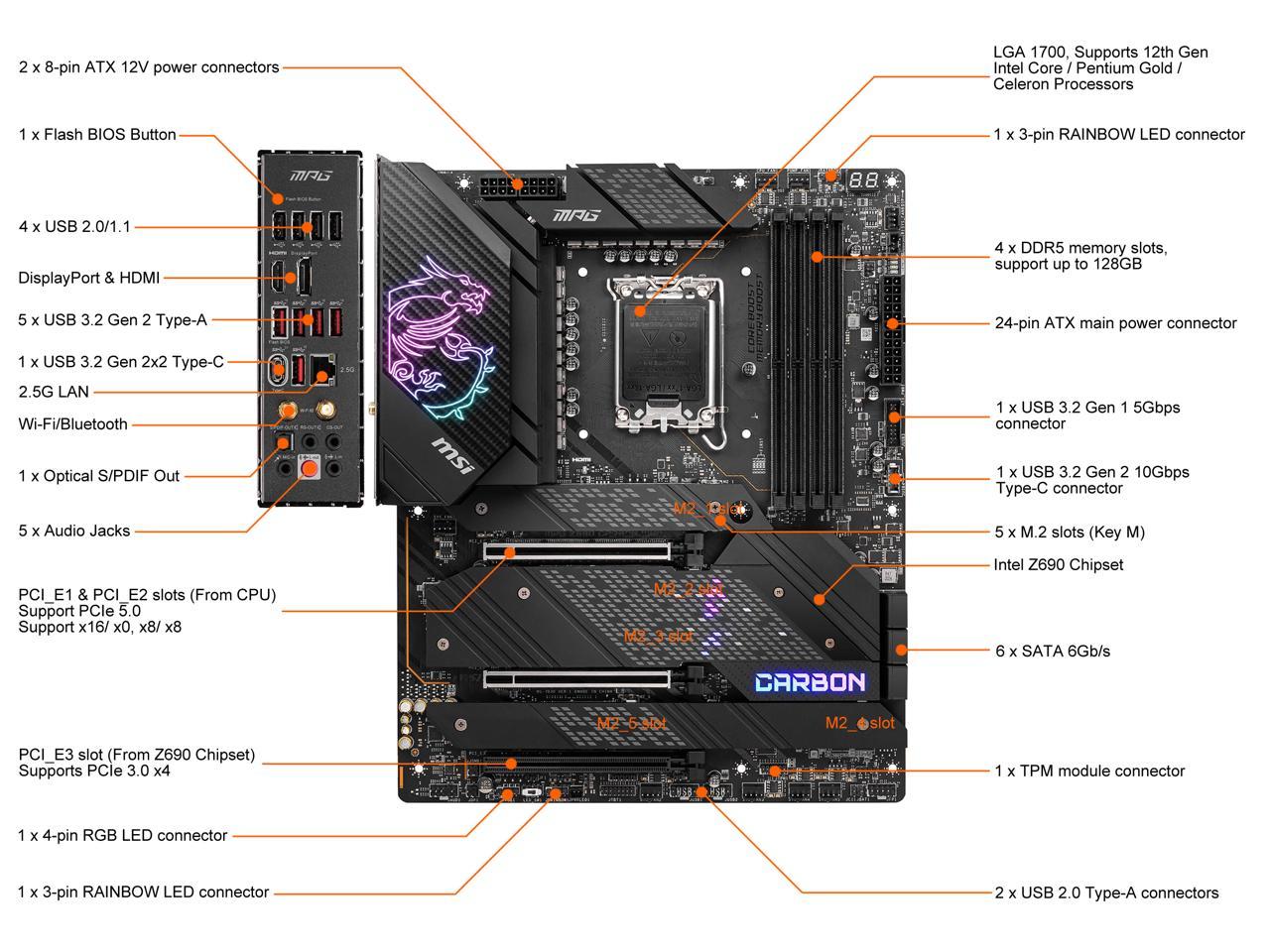 MSI MPG Z690 CARBON WIFI S1700 Z690 128GB DDR5 PCIE ATX Motherboard