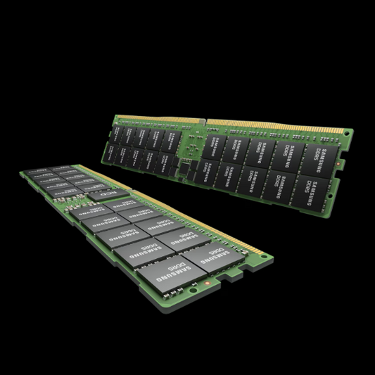 Two Samsung Memory DDR5 RDIMM Memory Modules on a black background.